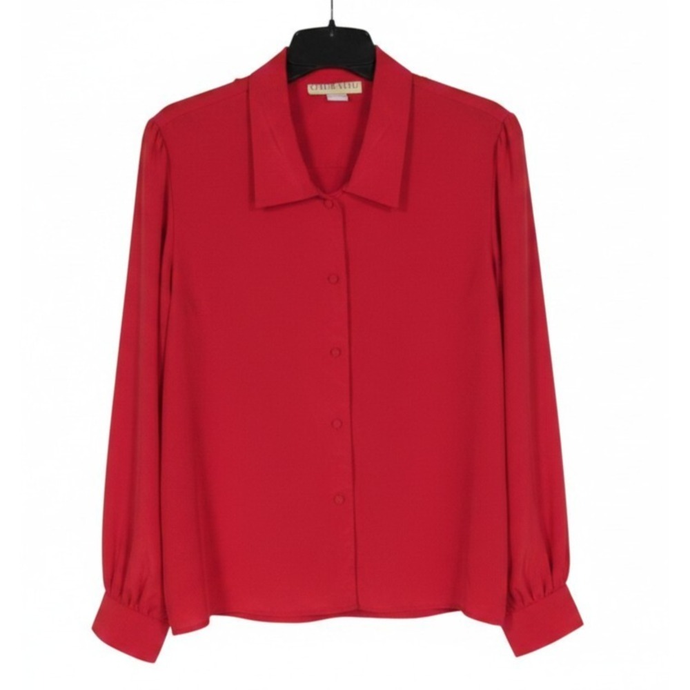 VTG CHELSEA LTD 70's Red SATIN Button-Up PLEATED SHOULDERS Flowy BLOUSE/TOP 18